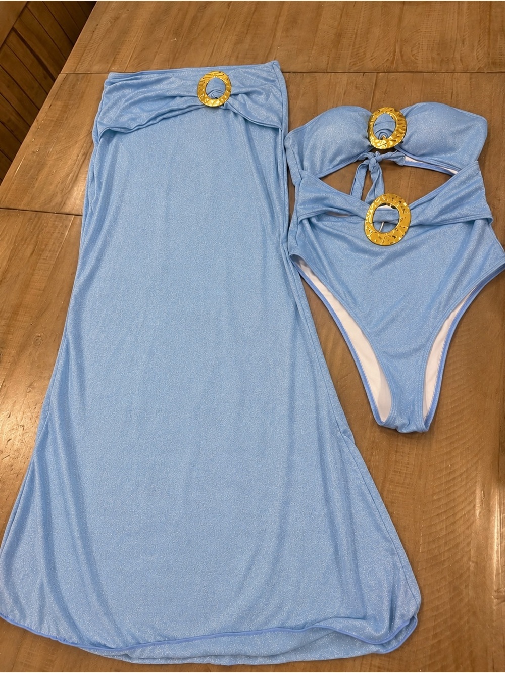 SHEIN Light Blue Shimmer Gold Ring Swimsuit & Cover-Up Set Size M